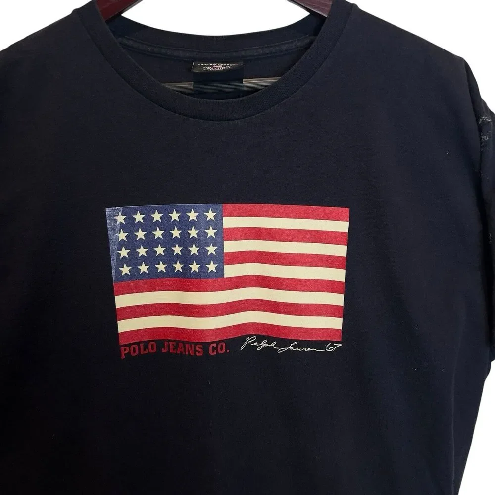 Vintage Polo Jeans Ralph Lauren Distressed American Flag T-Shirt Blue Sz L *Read